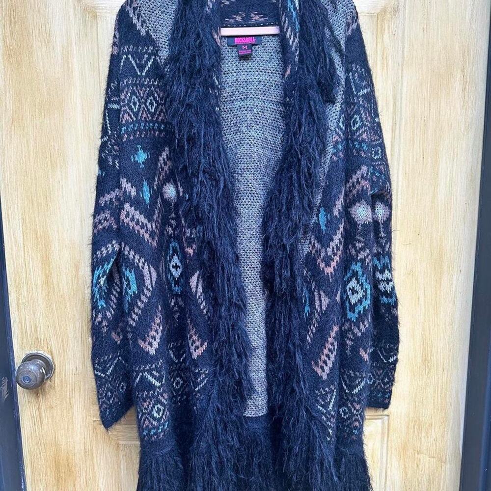 Rock & Roll Denim Aztec Fringe Cardigan Womens M Western Boho Fuzzy